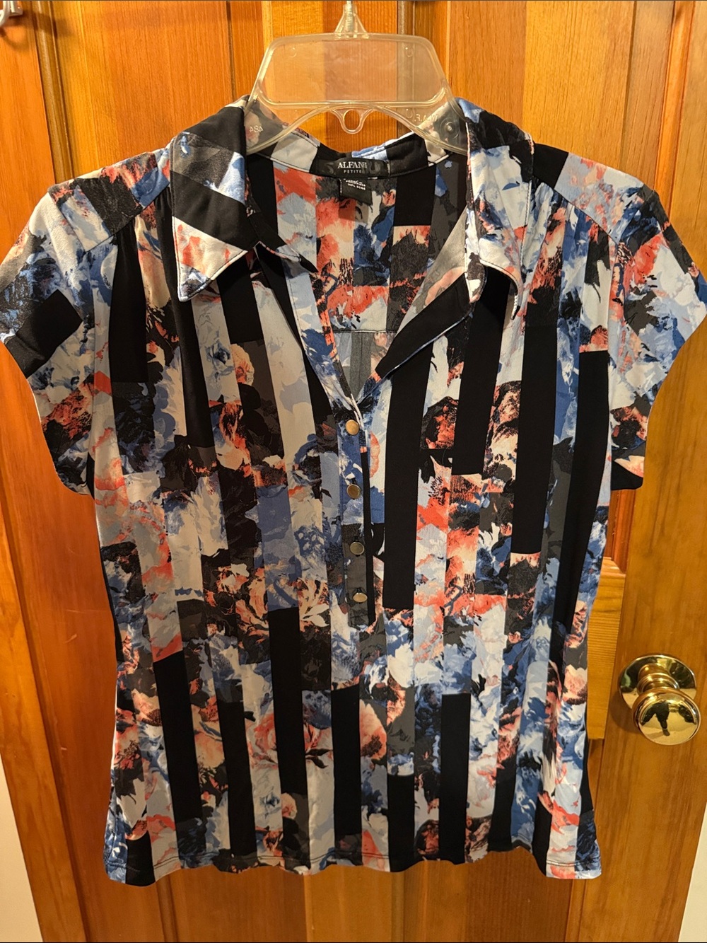 Alfani Abstract Floral-Stripe Short Sleeve Polo in Blue, Black & Coral